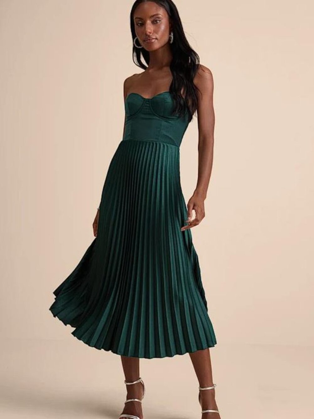 (Damaged) LULUS Women's Irelyn Dark Green Satin Bustier Midi Dress Size L
